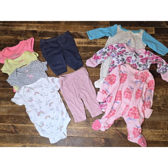 Multiples Other - Baby Girl Size Newborn 9 piece Lot Infant Bodysuits Sleepers Pants Bundle